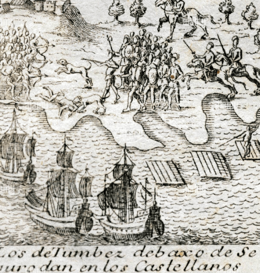 Old engraving of Spanish ships, horsemen and dogs facing the people of Tumbes. Caption in the print: Los de Tumbez debaxo de seguro dan en los Castellanos